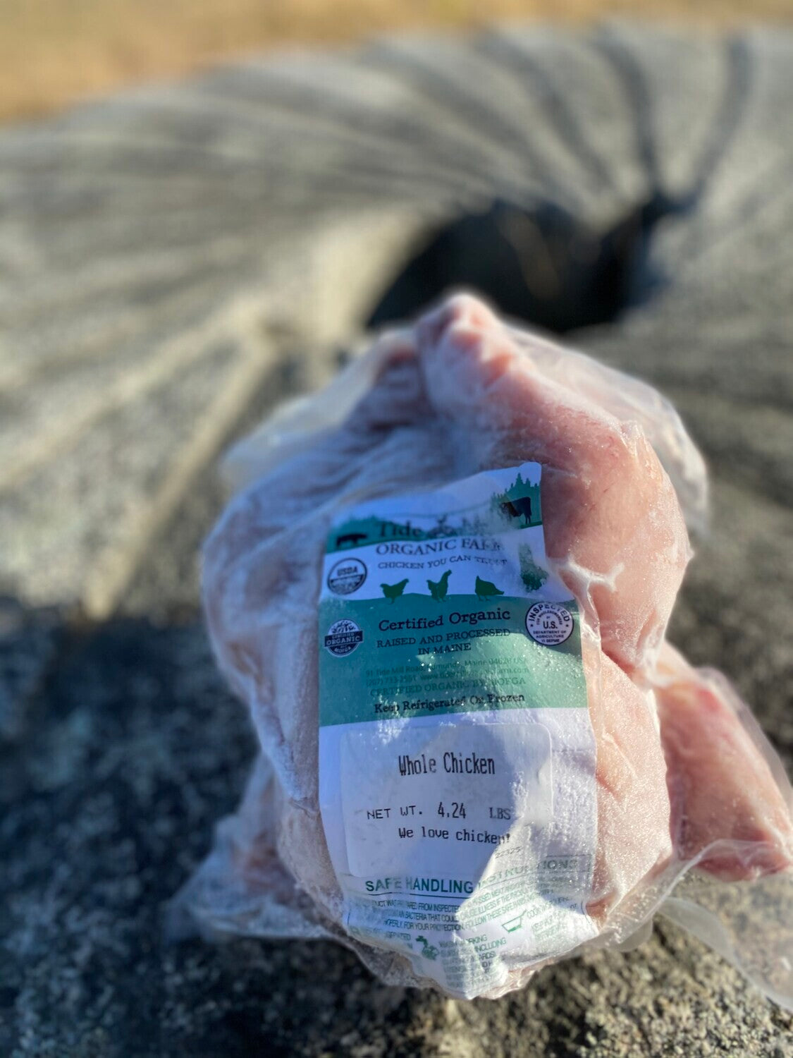 A frozen whole organic chicken