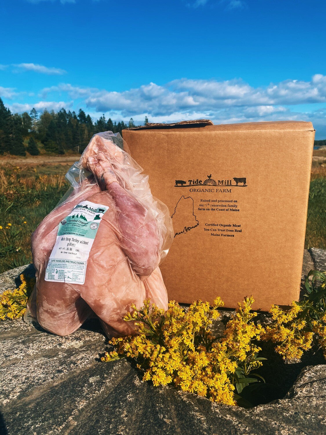 A Tide Mill Farms Organic Turkey and Box